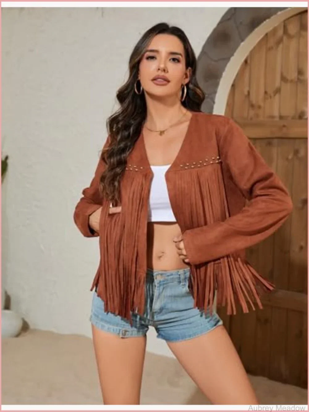 Oversized Fringe Cropped Faux Suede Western Cowgirl Motorcycle Coat with Pockets - Picture 2 of 7